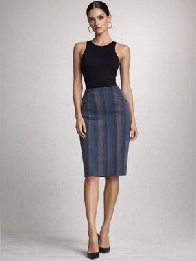 Denim Blue Ombre Striped Retro-Inspired Skirt Knee Length Contemporary Edge